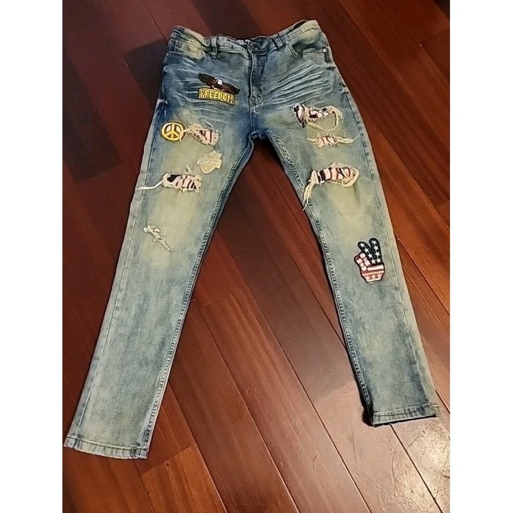 Encrypted Jeans Men's Size 36 Distressed Patches Eagle Freedom Red White Blue